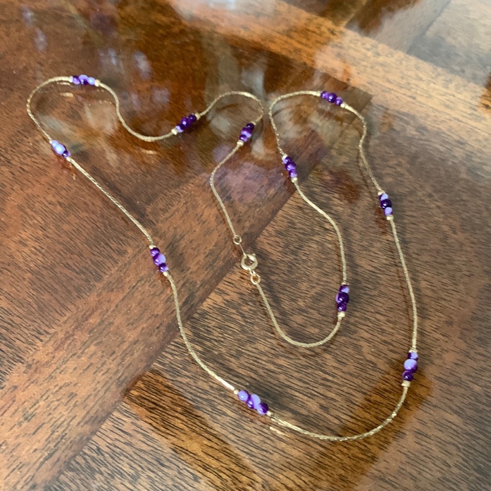 Vintage 80s Tracy Hamilton Necklace Purple Lavender Bead gold tone Korea Chain
